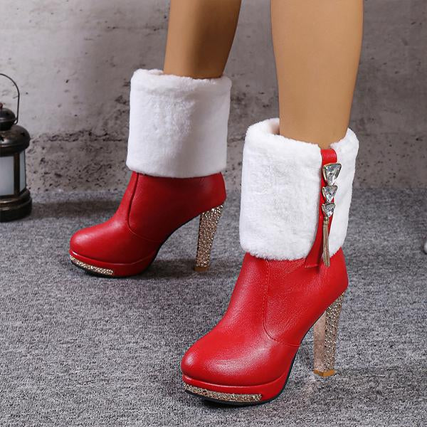 Women's Fashion Plush Rhinestone Block Heel Short Boots 79301113S