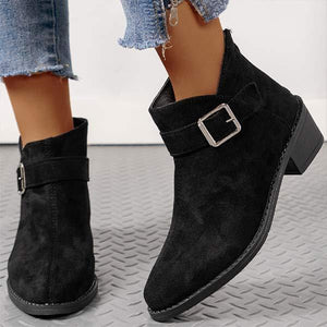 Women's Chunky Heel Boots with Belt Buckle and Back Zipper 22559417C
