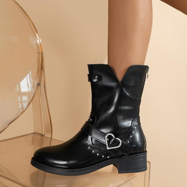 Women's Fashion Heart Rivet Chunky Heel Mid-Calf Boots 26775144S