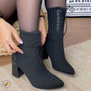 Women's Casual Flyknit Lace-Up Elastic Block Heel Boots 37558462S