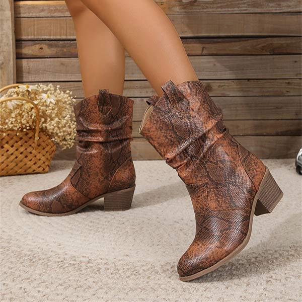 Women's Snake Pleated Block Heel Western Cowboy Boots 42474562C