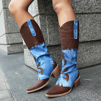 Women's Retro Color Block Knee-High Block Heel Western Boots 89255830S