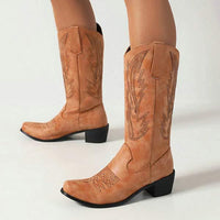 Women's Toe Chunky Mid Heel Embroidered Western Cowboy Boots 53160568C