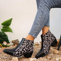 Women's Leopard Print Side Zipper Chunk Heel Ankle Boots 03590675S