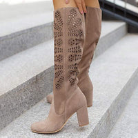 Women's Fashion High Heel Burnished Floral Chunky Heel Suede Knee-high Boots 95662970C