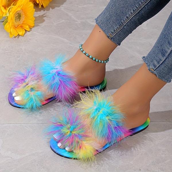 Women's Colorful Furry Slip-On Casual Flat Slippers 55316649S