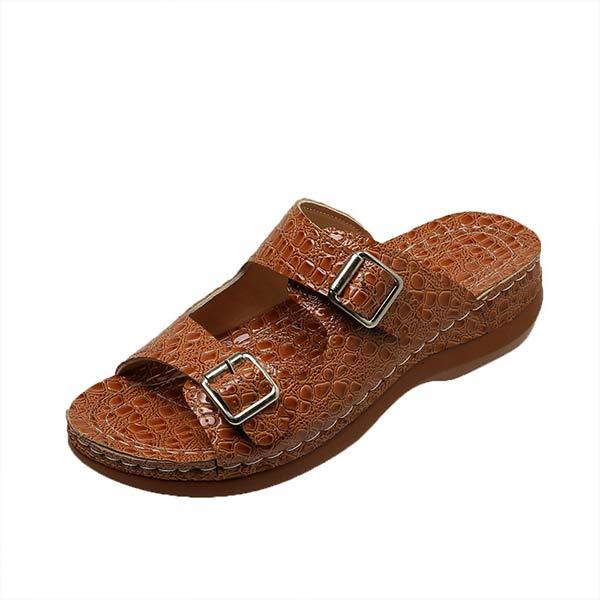 Women's Snake Print Wedge Sandals with Belt Buckle 78291319C