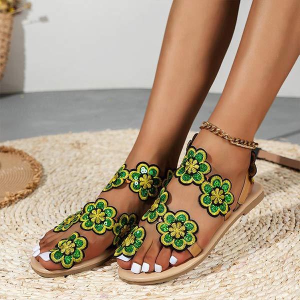 Women's Toe-Ring Bohemian Floral Sandals with Flat Soles 23700580C