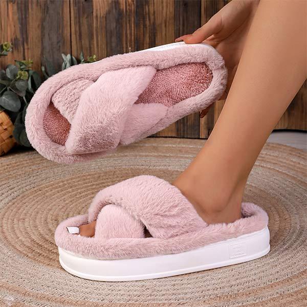 Women's Cross Strap Plush Thick-Soled Warm Slippers 39279620C
