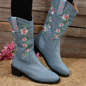 Women's Western Cowboy Boots with Embroidery, Mid-Calf Riding Style 28838119C