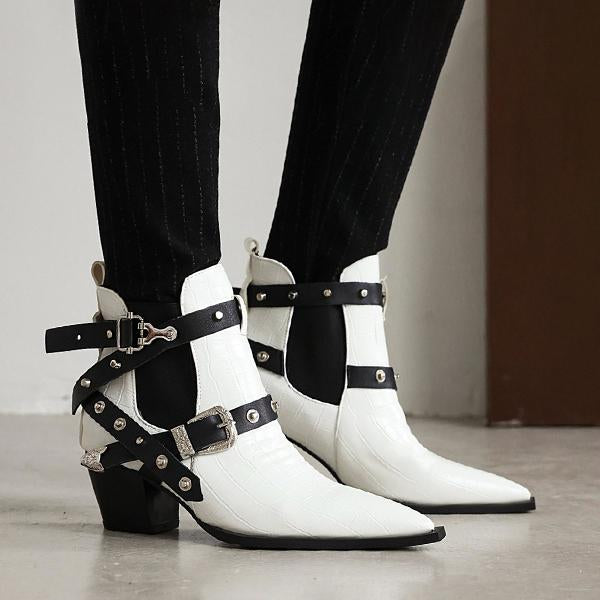 Women's Fashion Retro Stud Chunky Heel Booties 75007056S