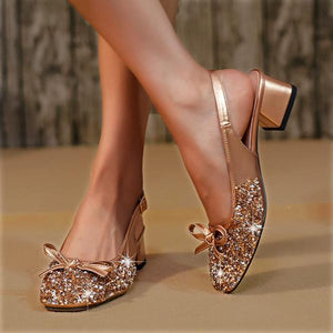 Women's Fashionable Sequined Bow Block Heel Banquet Shoes 78647878S