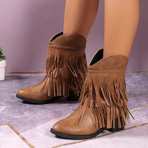 Women's Fashionable Casual Thick Heel Tassel Short Boots 73580963S