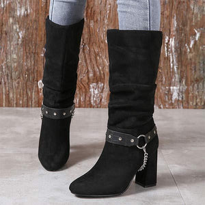 Women's Mid-Calf Suede Boots with Chunky Heel and Belt Buckle Detail 73313788C
