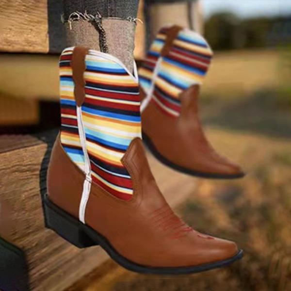 Women's Retro Striped Chunky Heel Mid-calf Boots 03804097S