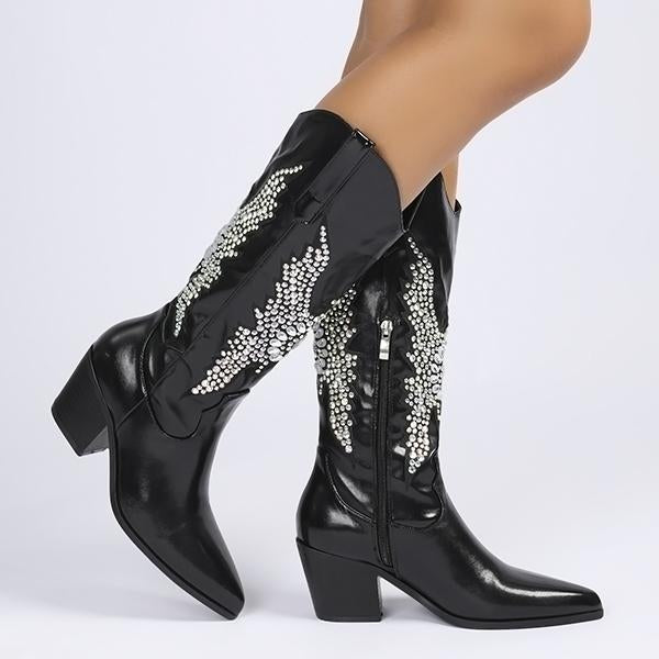 Women's Fashionable Embroidered Rhinestone Chelsea Knee-High Boots 02610909S