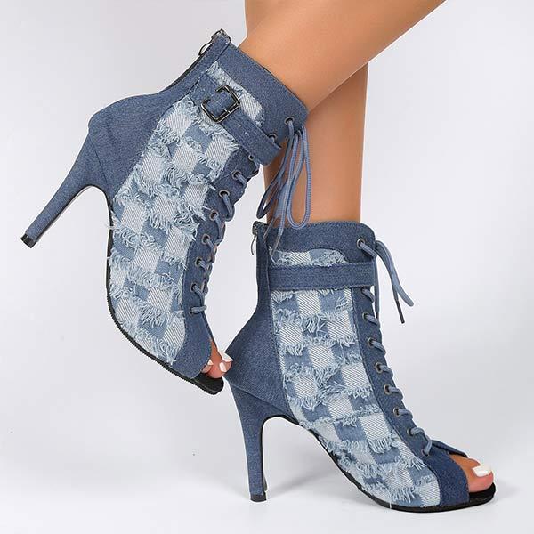 Women's Lace-Up Belt Buckle Small Checkered Denim Blue Sandals 36976940C