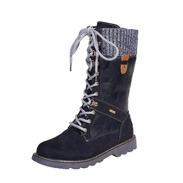 Women's Low-Heeled Mid-Calf Boots with Knit Cuffs and Side Zipper 10985515C