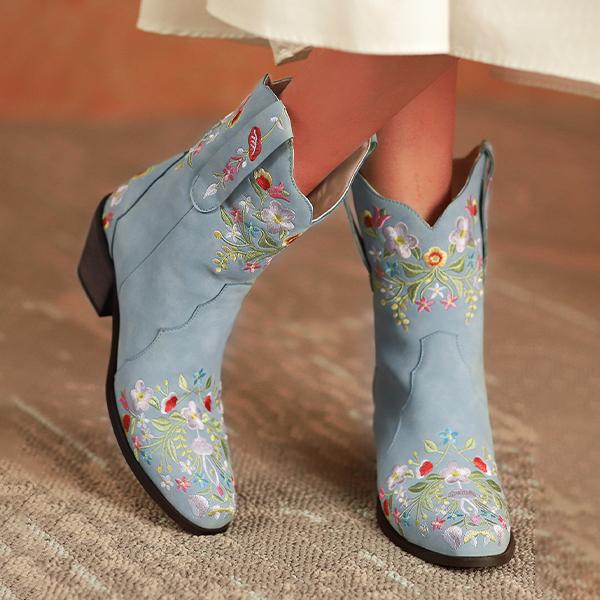 Women's Retro Denim Embroidered Flower Chunky Heel Boots 58308625C