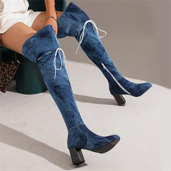 Women's Fashionable Chunk Heel Denim Over-the-Knee Boots 81332209S