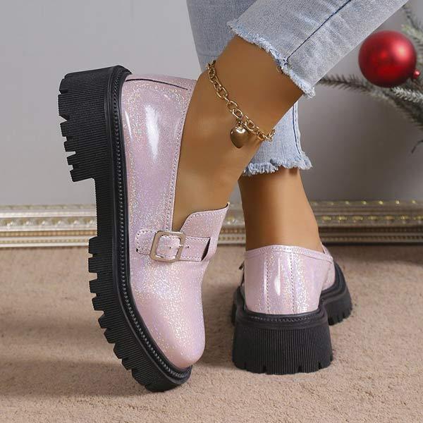 Women's Round Toe Square Heel Pink Belt Buckle Shoes 68161796C