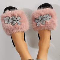 Women's Furry Rhinestone Faux Fur Slippers 78650396C