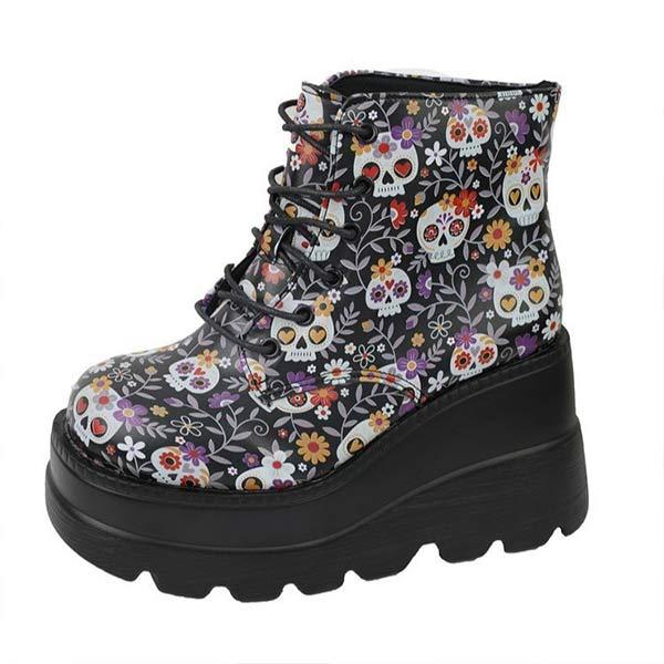 Women's Skull Print Chunky Heel Platform Lace-Up Ankle Boots 65744281C