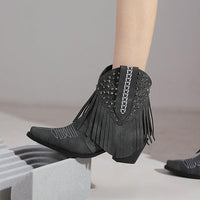 Women's Fashion Tassel Rhinestone Chunky Heel Booties 85018245S