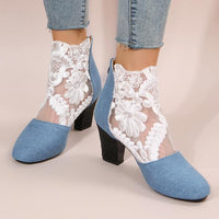 Women's Round Toe Denim Stitching Lace Thick Chunky Heel Sandals 51419673C