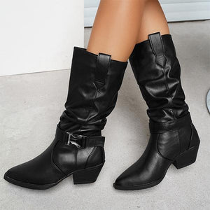 Women's Fashionable Belt Buckle Thick Heel Knight Boots 66956292S