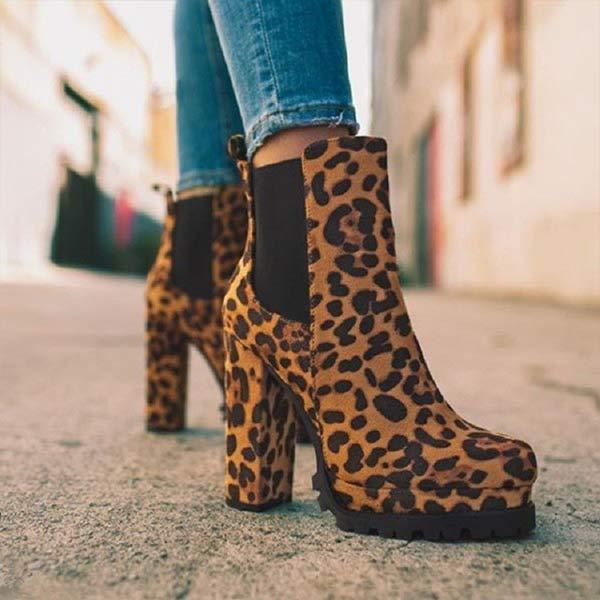 Women's Round-Toe Leopard Print Chunky Heel Ankle Boots 53144506C