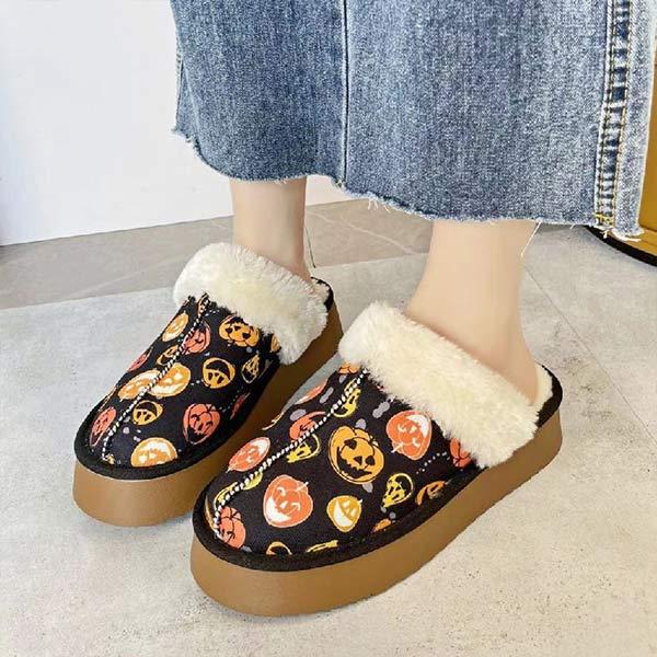 Women's Thick-Soled Furry Slippers with Fleece Christmas Print Cotton Shoes 58633943C