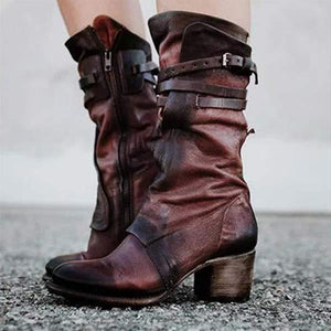 Women's Chunky Heel High Shaft Riding Boots with Belt Buckle High Heel Boots 55190084C