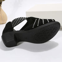 Women's Low Heel Fashion Rhinestone Hollow Chunky Heel Shoes 97671001C