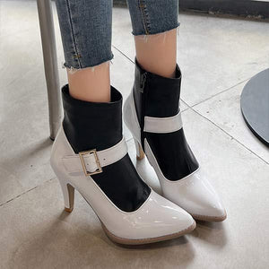 Women's Fashion High Heel Pointed Toe Color Block Zipper Ankle Boots 69062910C