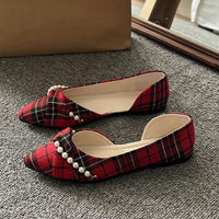 Women's Casual Plaid Pearl Pointed Toe Slip-On Flats 38569047S