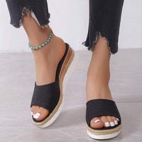Women's Wedge Plaid Straw Open Toe Sandals 43833932C