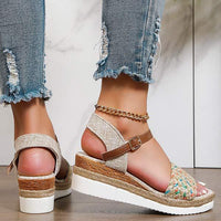 Women's Woven Straw One-Strap Buckled Wedge Sandals with Thick Sole 93654711C
