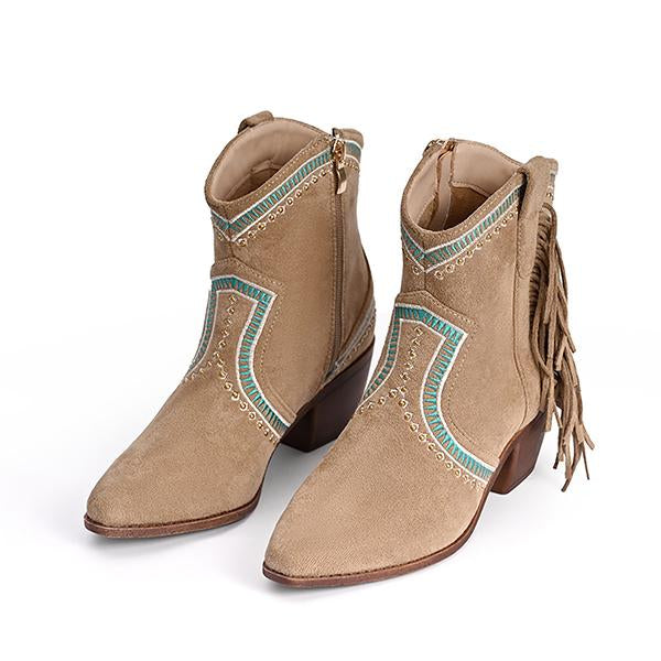 Women's Stylish Contrast Color Tassel Western Ankle Boots 88506597S