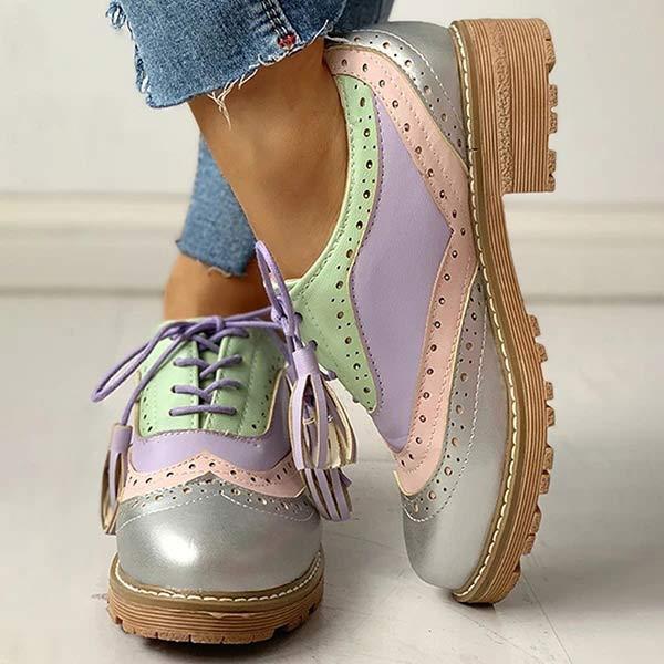 Women's Low Heel Color-Blocked Front Lace-Up Vintage Single Shoes 70004941C