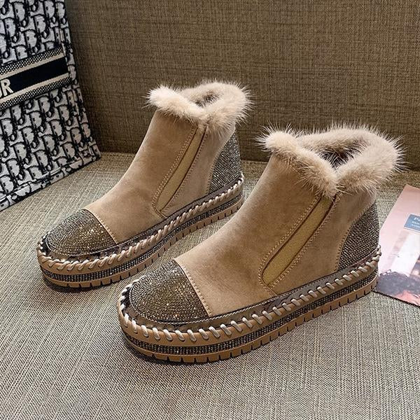 Women's Fashionable Rhinestone Furry Thick Sole Boots 16860721S