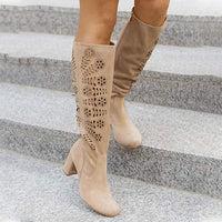 Women's Fashion High Heel Burnished Floral Chunky Heel Suede Knee-high Boots 95662970C