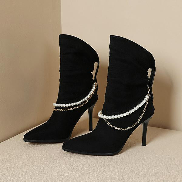Women's Stylish Elegant Pearl Chain High Heel Boots 19114648S