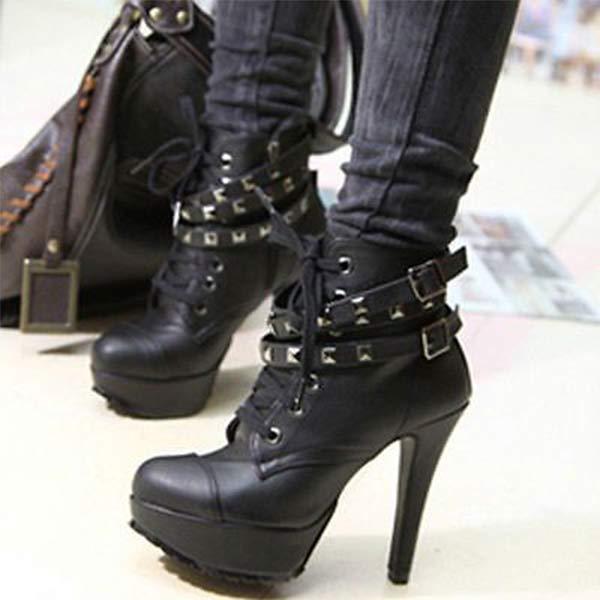 Women's Studded Vintage Chunky High-Heel Ankle Boots 02206096C