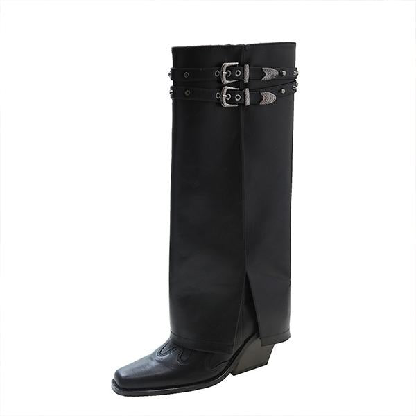 Women's Fashion Studded Belt Buckle Thick Heel Trouser Boots 09184112S