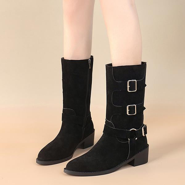 Women's Fashion Suede Metal Buckle Mid Calf Boots 14513081S