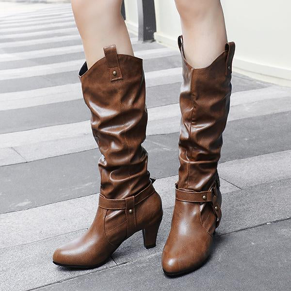 Women's Fashionable Retro Buckle Thick Heel Knee-High Boots 30491551S