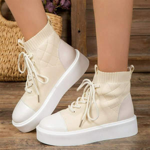 Women's High-Top Round Toe Platform Lace-Up Flying Woven Shoes 79606283C