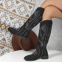 Women's Vintage Embroidered Mid-Heel Knee-High Riding Boots 69568789C