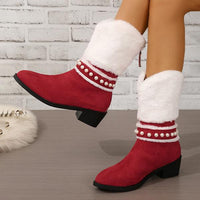 Women's Fashionable Pearl Plush Chunk Heel Mid-calf Boots 51697109S
